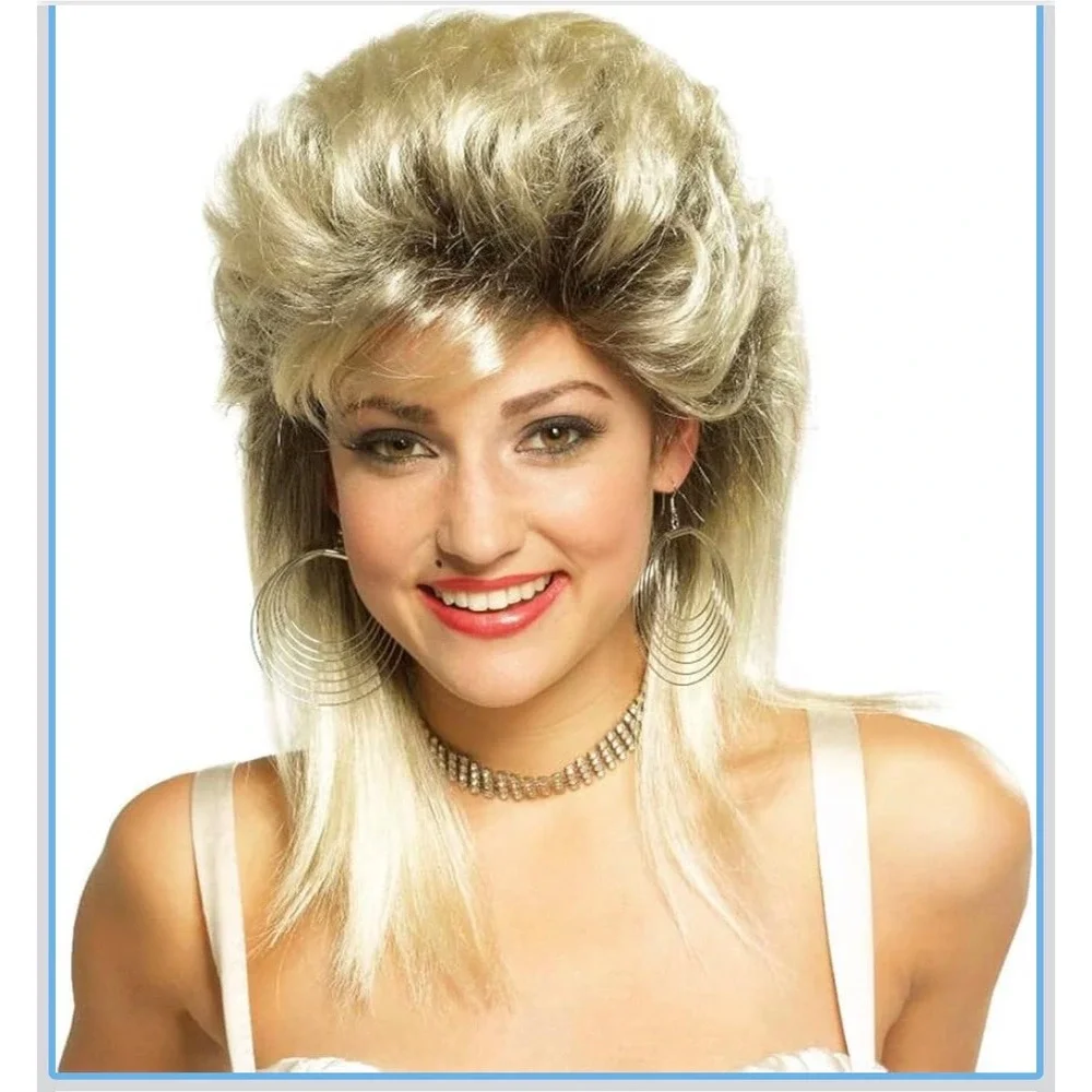 Swiking Mullet Wig Womens Blonde Black Curly 80s Rocker Cosplay Heat Resistant